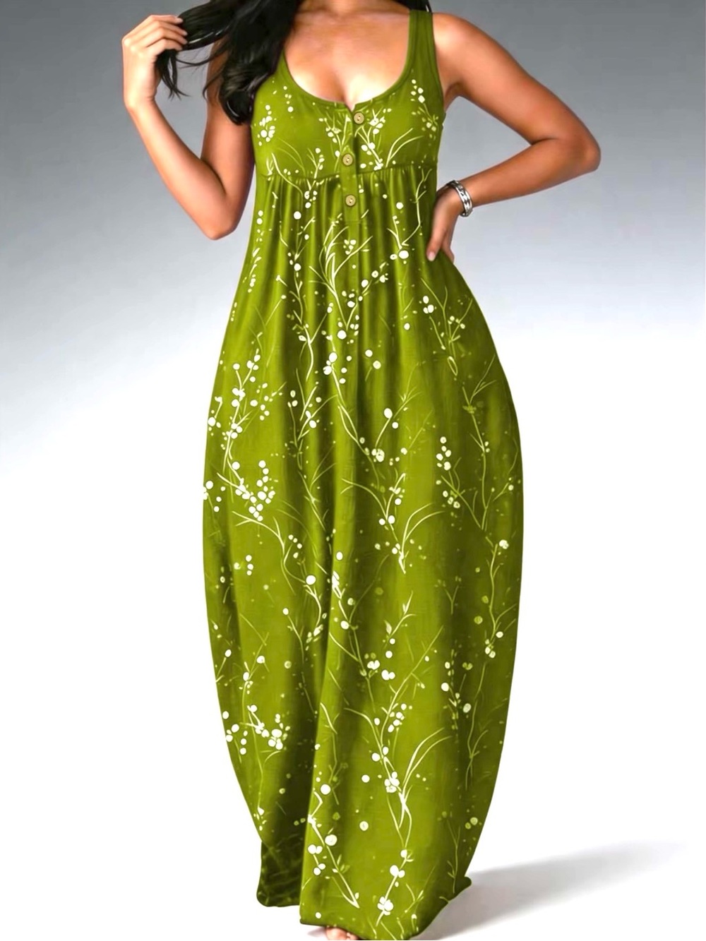 Fern Green Floral Button-Front Maxi Dress with Pockets New Boutique Plus Size - Picture 3 of 5
